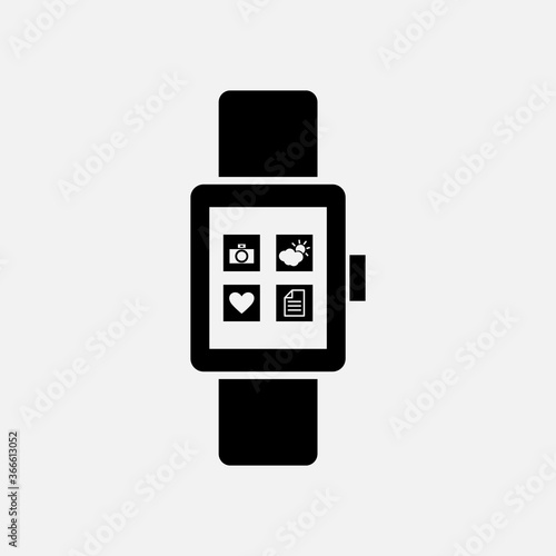 Smartwatch with different applications on screen. Fitness tracker wearable technology icon in line style.