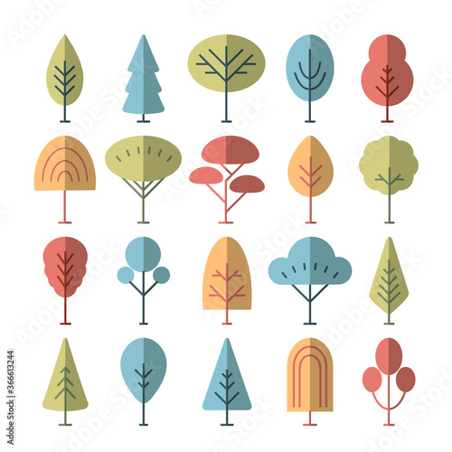Isolated flat colorful trees set, forest, park, garden tree signs collection
