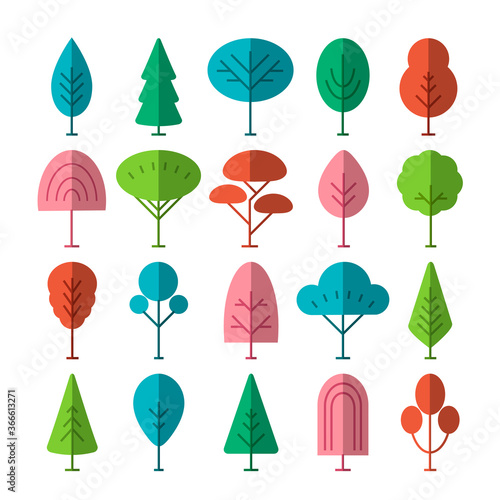 Isolated flat colorful trees set, forest, park, garden tree signs collection