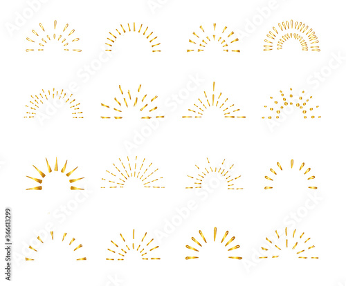 Set of gold vintage hand drawn sunburst rays design elements, halves, explosion, fireworks, black rays, golden, vector illustration.