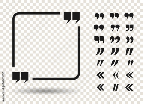 Quotation mark icon set and a square frame with shadow on a transparent background, vector illustration.