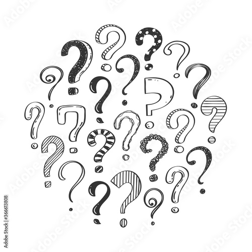 Set of hand drawn question marks, doodle questions on a white background arranged in a circle, vector illustration.
