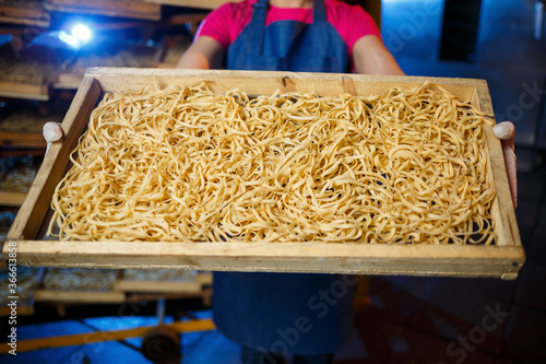 The girl works on the production of spaghetti. Making noodles. Pasta factory. Stage production of pasta. Raw noodles. Worker with a box of pasta.