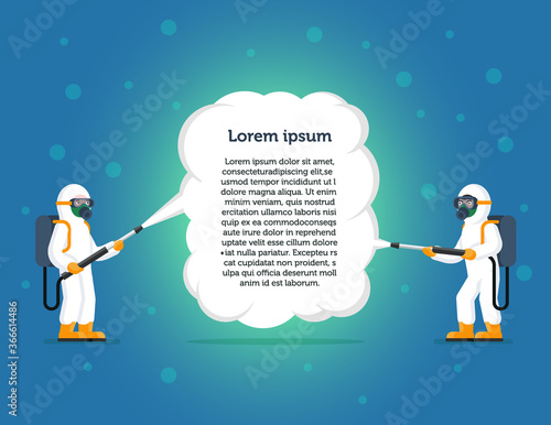 People in hazmat suits cleaning and disinfecting coronavirus place for text, epidemic MERS-CoV virus concept wuhan 2019-nCoV pandemic health risk.