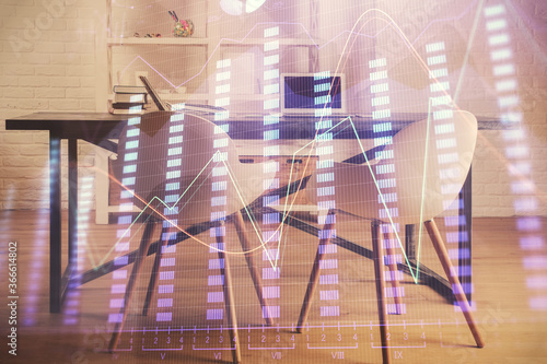 Multi exposure of financial graph drawing and office interior background. Concept of market analysis. © peshkova
