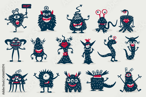 Cute black monster set, isolated on white background, cartoon monsters, doodle style, vector illustration.