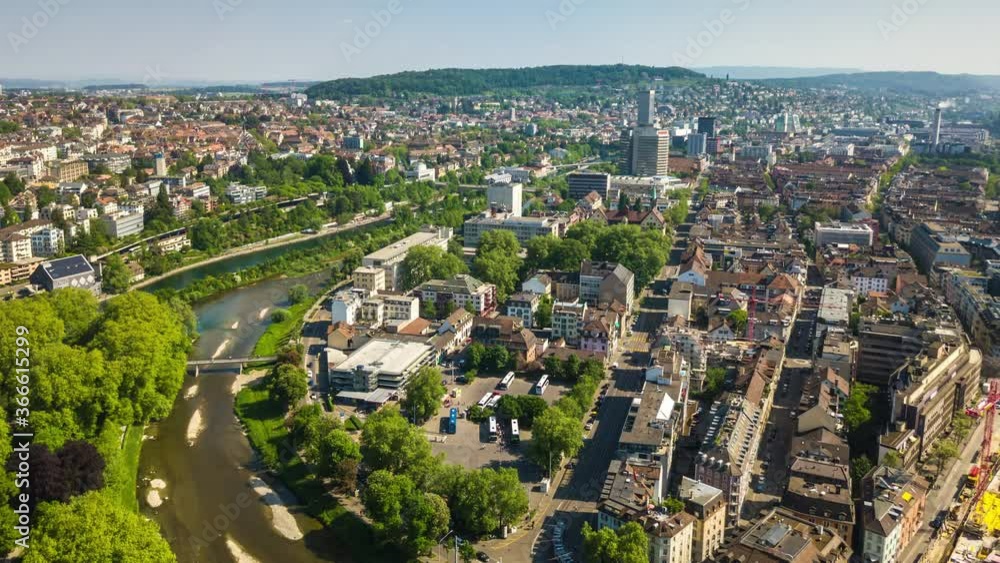 sunny day zurich cityscape river central train station aerial panoramic 4k timelapse switzerland sunny day zurich cityscape river central train station aerial panoramic 4k timelapse switzerland