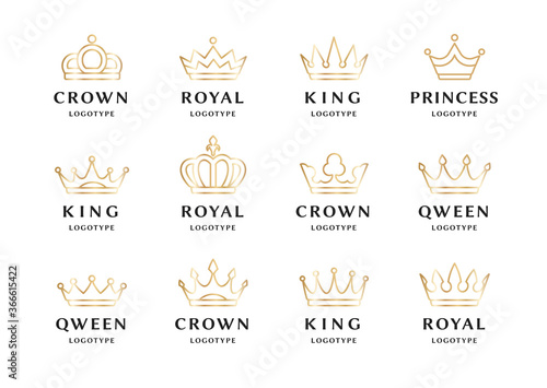 Set of royal gold crowns, icons and logos. Isolated luxury logo for branding, label, hotel, graphic design. Collection logos of crowns for royal persons, king, queen, princess. Vector Illustration