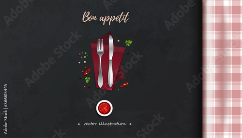 Table with a checkered tablecloth. Knife and fork, napkin and spices on the kitchen table. Table setting. Top view. Bon appetit lettering. Vector illustration