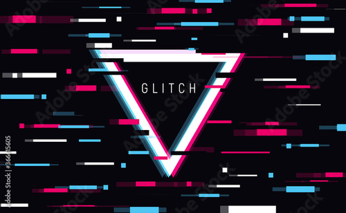 An illuminated triangle frame with glitch effect and a place for text Distorted glitch style modern background, glow design for banner, poster, flyer, brochure, card, vector illustration.