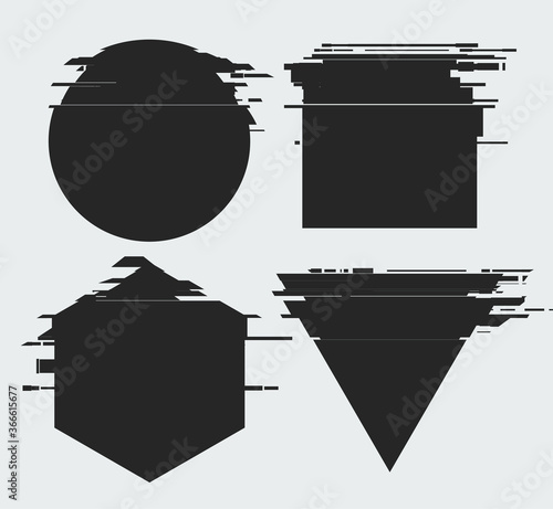 Vector frames with glitch tv distortion effect and a place for text, geometric shapes star, triangle, circle, square, rhombus, isolated on white background, vector illustration