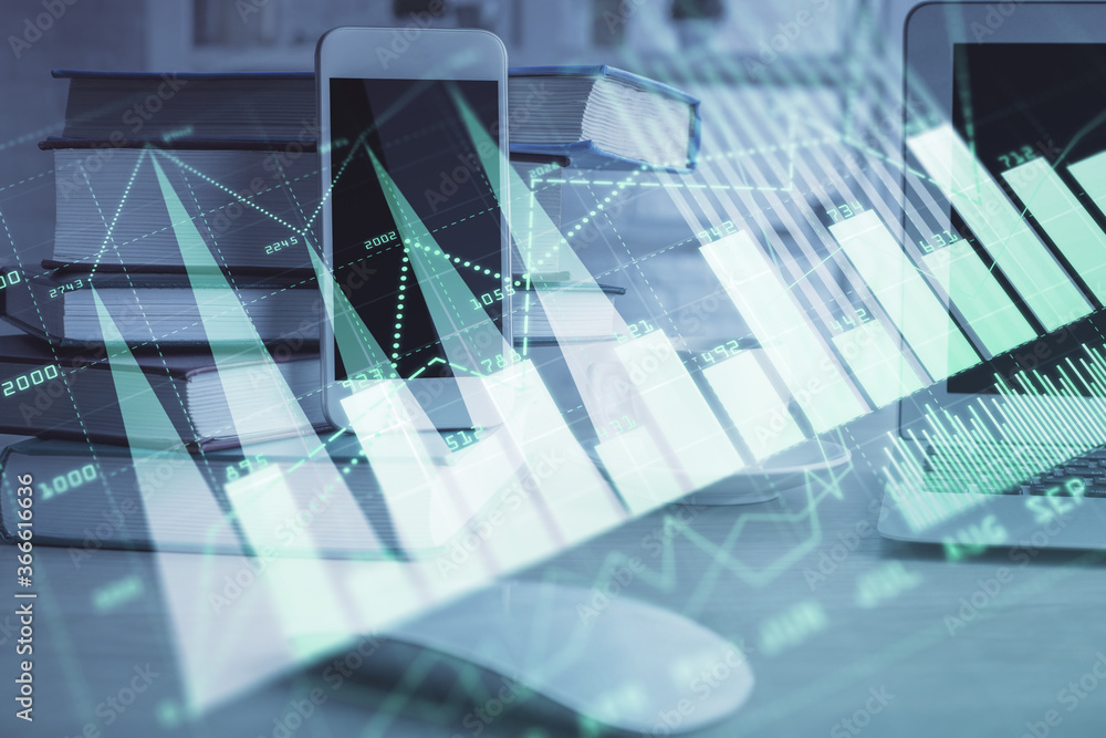 Double exposure of financial graph drawing and cell phone background. Concept of forex trading Double exposure of financial graph drawing and cell phone background. Concept of forex trading