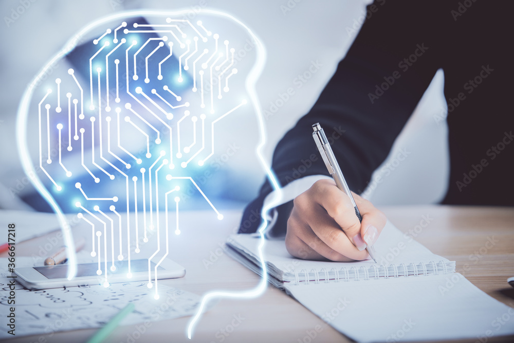 Double exposure of brain drawing over people taking notes background. Concept of Ai Double exposure of brain drawing over people taking notes background. Concept of Ai