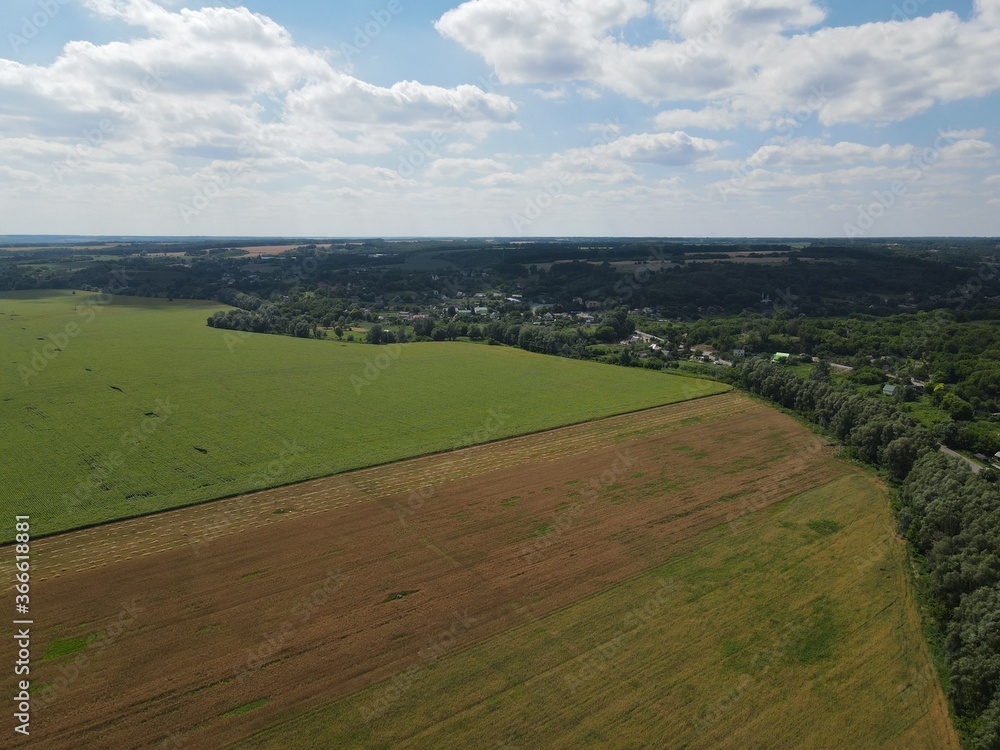 Aerial view of rural summer landscape with fields and forest on a sunny day 