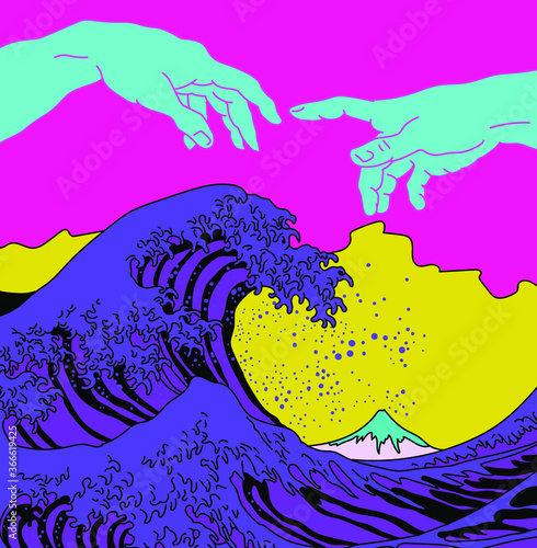 Tela Great Wave off Kanagawa in Vaporwave Pop Art style