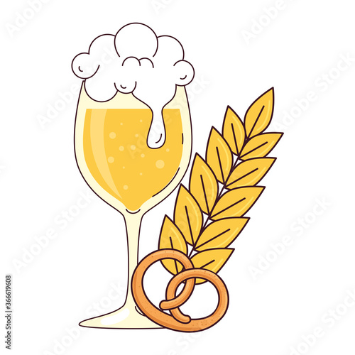 cup glass of beer, with pretzel and spike on white background