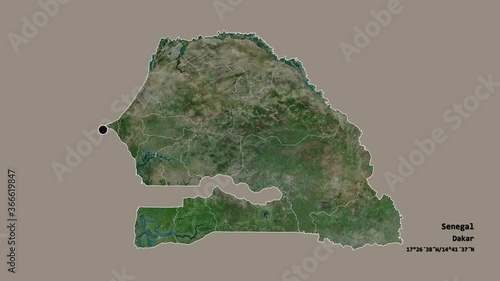 Kolda, region of Senegal, with its capital, localized, outlined and zoomed with informative overlays on a satellite map in the Stereographic projection. Animation 3D photo