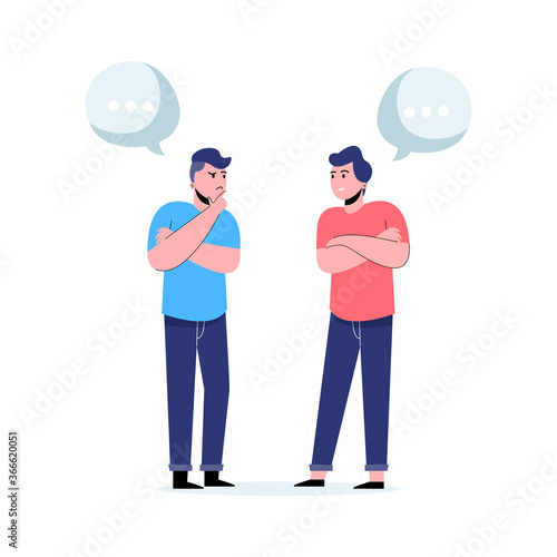 Two men talk, discussion, exchange of ideas with speech bubble. Flat vector illustration