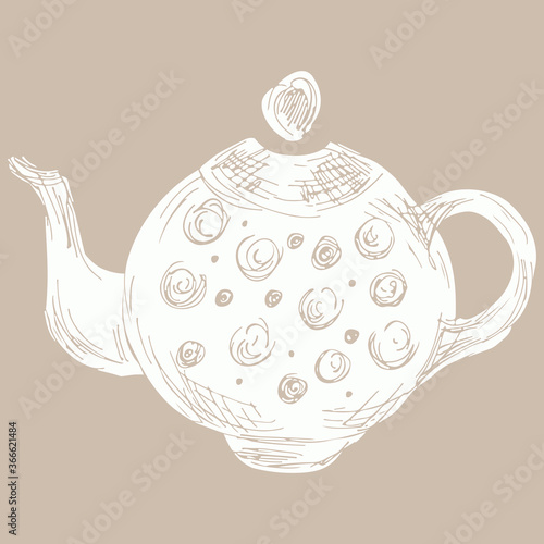 Hand drawn tea kettle illustration in engraving style for menu or cafe.Vector Arab coffee pot. Antique Arabian teapot. Hand drawn outline doodle illustration. Arabic vintage style