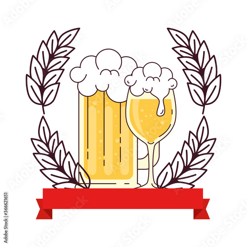 cup and mug glass of beer with spike and ribbon on white background