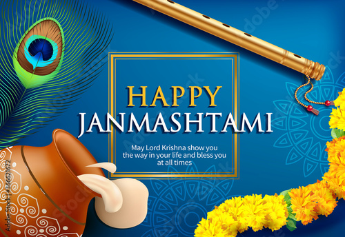 Greeting background for Hindu festival Krishna Janmashtami (birth of Lord Krishna). Vector illustration. photo
