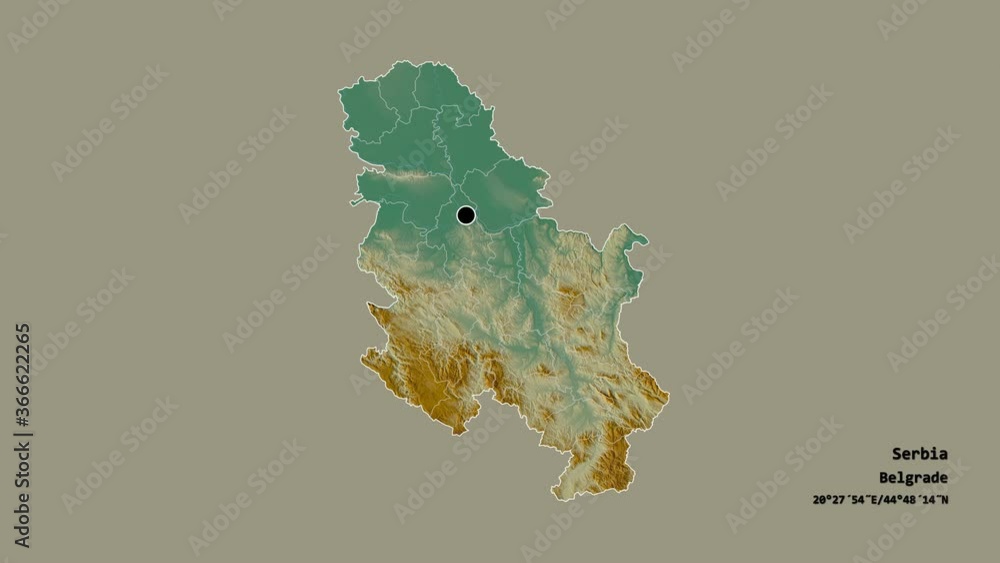 Braničevski, district of Serbia, with its capital, localized, outlined and zoomed with informative overlays on a relief map in the Stereographic projection. Animation 3D Braničevski, district of Serbia, with its capital, localized, outlined and zoomed with informative overlays on a relief map in the Stereographic projection. Animation 3D