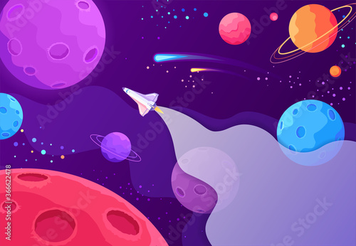 The spaceship flies in space to unexplored planets vector illustration