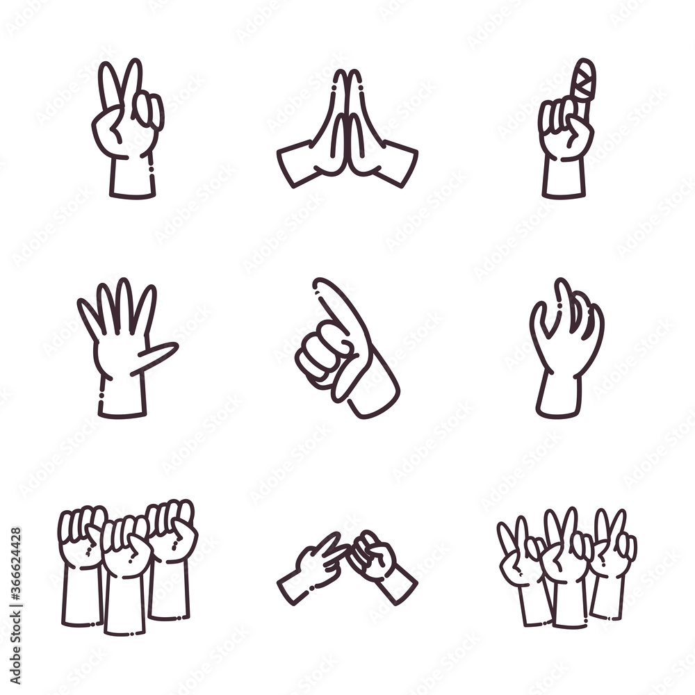 Obraz premium gestures with hands line style icon set vector design