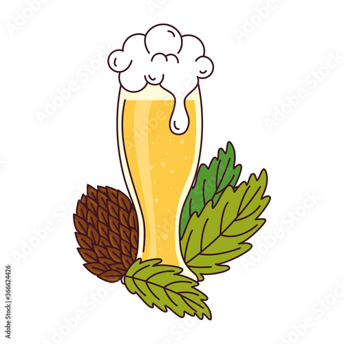 glass of beer with seed hop on white background