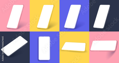 Smartphone frameless blank screen, rotated position. 3d isometric illustration cell phone. Smartphone perspective view for banner,poster,brand, template and label, packing,emblem and advertise. Vector