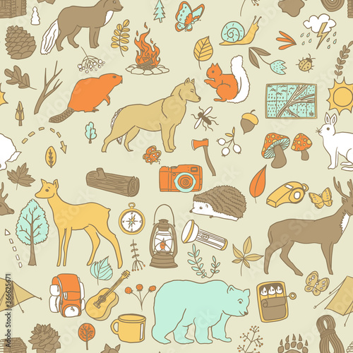 Hand Drawn seamless pattern of cute woodland animals an and plants. Whimsical design for stationery, wallpapers, textiles, and more.