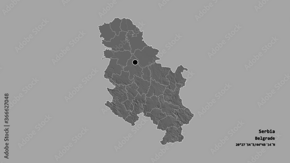 Rasinski, district of Serbia, with its capital, localized, outlined and zoomed with informative overlays on a bilevel map in the Stereographic projection. Animation 3D