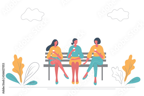 Girlfriends drink coffee on a bench in a park. Young women are chatting with each other. There are also plants and clouds in the picture. Flat style. Vector illustration