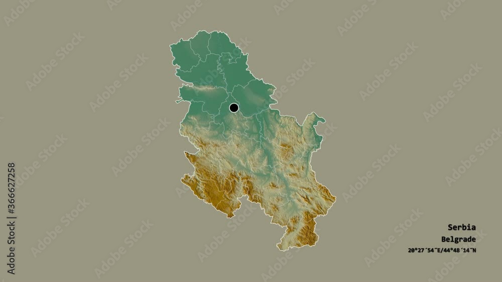 Rasinski, district of Serbia, with its capital, localized, outlined and zoomed with informative overlays on a relief map in the Stereographic projection. Animation 3D Rasinski, district of Serbia, with its capital, localized, outlined and zoomed with informative overlays on a relief map in the Stereographic projection. Animation 3D