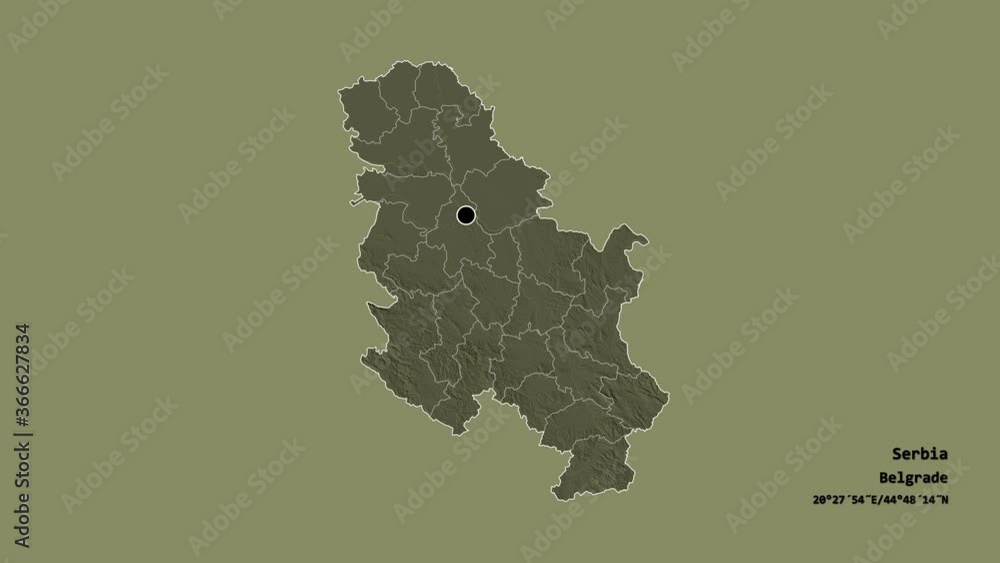 Severno-Banatski, district of Serbia, with its capital, localized, outlined and zoomed with informative overlays on a administrative map in the Stereographic projection. Animation 3D Severno-Banatski, district of Serbia, with its capital, localized, outlined and zoomed with informative overlays on a administrative map in the Stereographic projection. Animation 3D