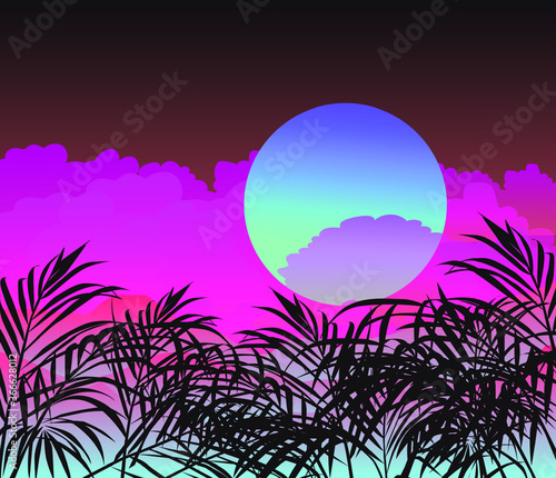Ambient oriental landscape with sunset above the mountains or hills and tropical palm leaves on foreground in neon vibrant colors. Retrowave cartoon or anime style.