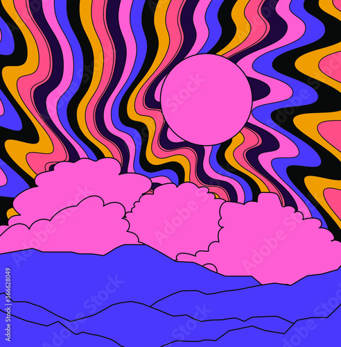 Mountain landscape in psychedelic 60's - 70's style.