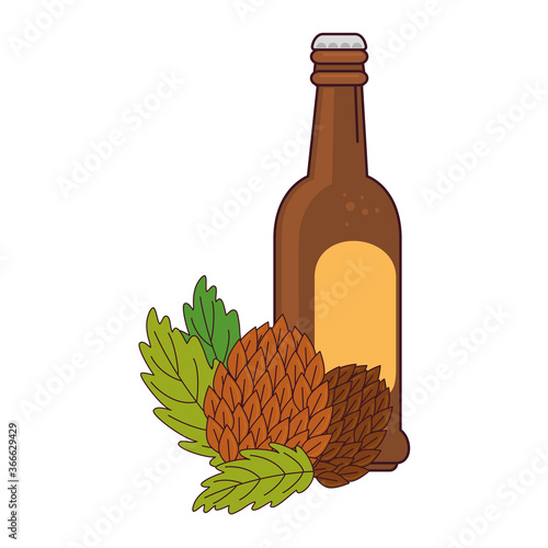 bottle of beer with hop seeds on white background