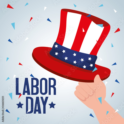 happy labor day holiday banner with hand and hat of sam
