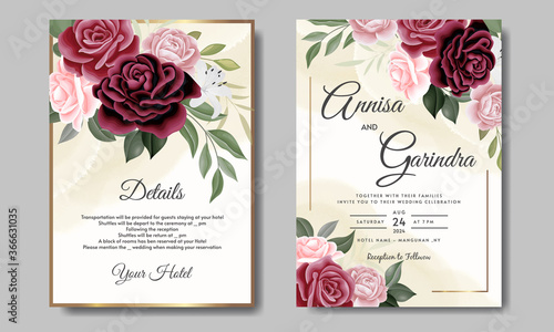  Beautiful maroon  floral frame wedding invitation card template Premium Vector