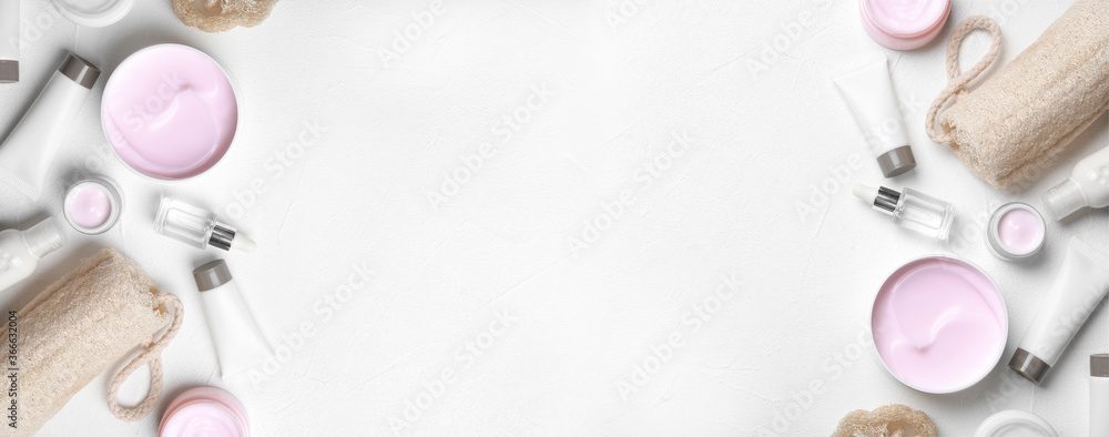 Flat lay composition with cosmetic products and space for text on white ...