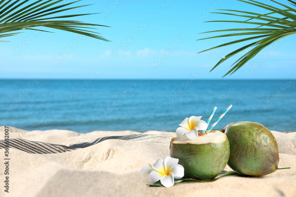 Green coconuts with refreshing drink and flowers on sandy beach near sea, space for text