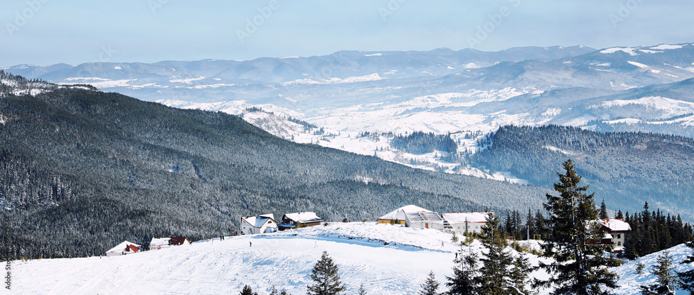 Beautiful mountain landscape on sunny day in winter. Banner design