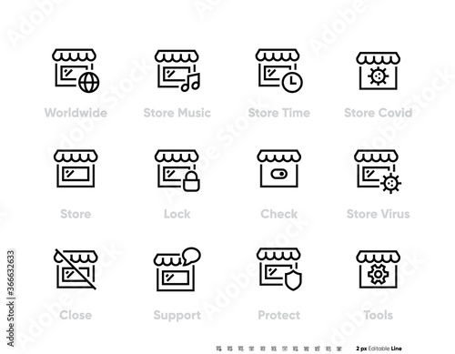 Shop icons. Online Shop Sale, Favourite. Worldwide Shopping icon. Editable Line Vector set with music, time, lock, vires, support, covid, protect store. Pixel perfect.