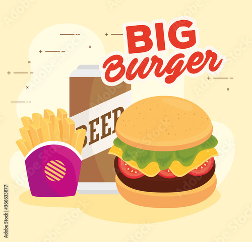 fast food poster, big burger with beer and french fries