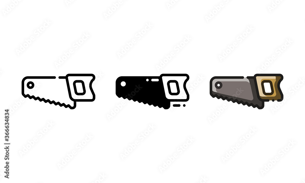 Hand saw icon. With outline, glyph, and filled outline style Hand saw icon. With outline, glyph, and filled outline style
