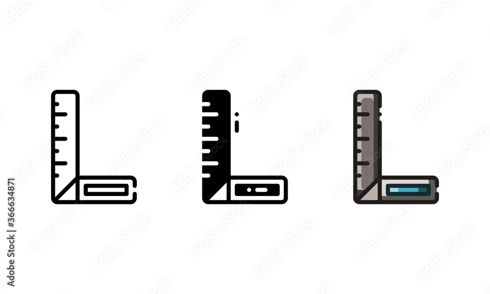 Square ruler icon. With outline, glyph, and filled outline style Square ruler icon. With outline, glyph, and filled outline style