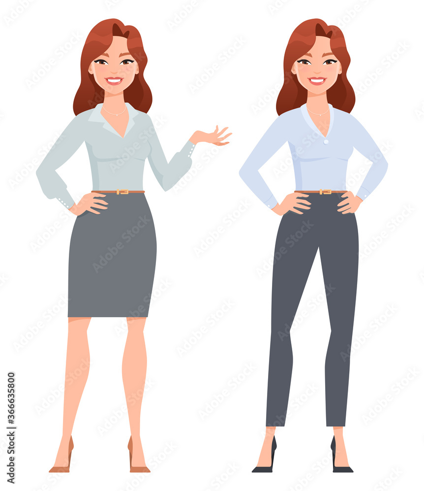 Attractive professional woman in two poses. Asian office lady in formal business wear. Vector illustration.