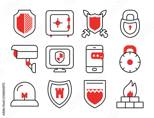 strongbox and shield icon set, half line half color style