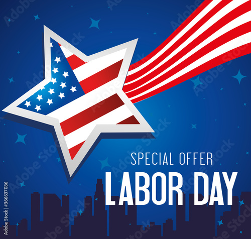 labor day sale promotion advertising banner, with flag united states and silhouette of cityscape